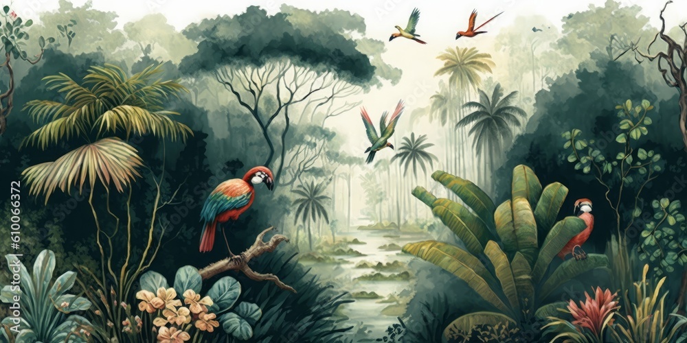 Wallpaper of a natural landscape of rainforests of trees and palms, in consistent colors with birds, butterflies, parrots and flamingos, Generative AI - obrazy, fototapety, plakaty 