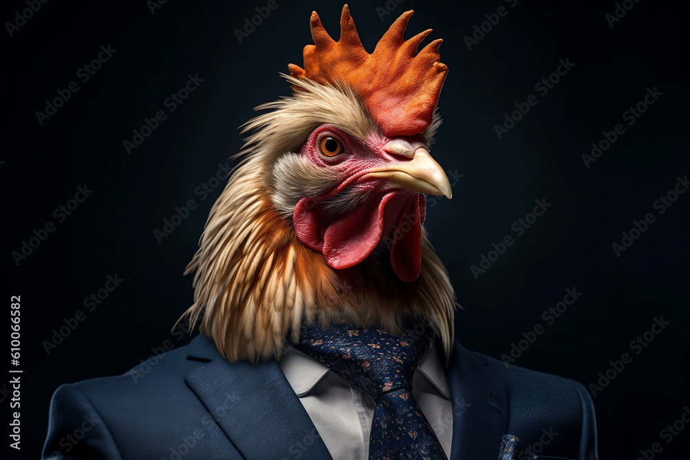 Portrait of a Rooster dressed in a formal business suit, generative AI