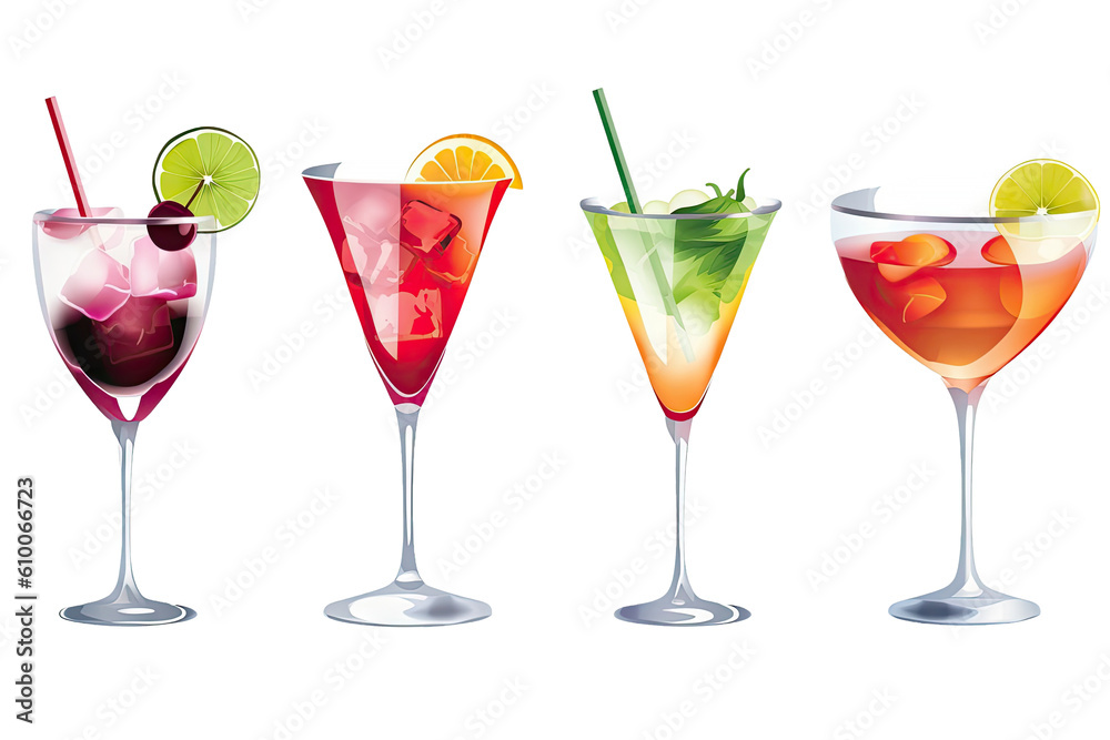 Variety group of fruit juices cocktail with ingredients for refreshing isolated on white background, healthy drink, glasses of juicy beverage, with Generative Ai. Variety group of fruit juices cocktail with ingredients for refreshing isolated on white background, healthy drink, glasses of juicy beverage, with Generative Ai.