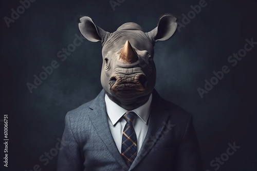 Portrait of a Rhinoceros dressed in a formal business suit  generative AI