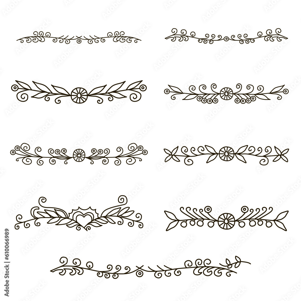 Flourishes. Hand drawn dividers set. Line style decoration. Flourishes. Hand drawn dividers set. Line style decoration.