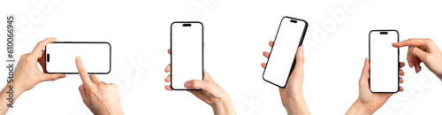 Mobile phone screen mockup, smartphone display mock-ups in hands set, isolated on white. photo