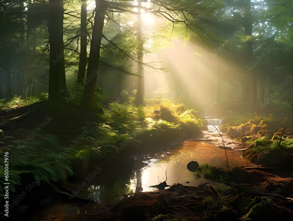 the mystique of a dense forest, capturing the ethereal rays of sunlight filtering through the canopy, immersing viewers in the enchantment and serenity of the woodland, Generative AI