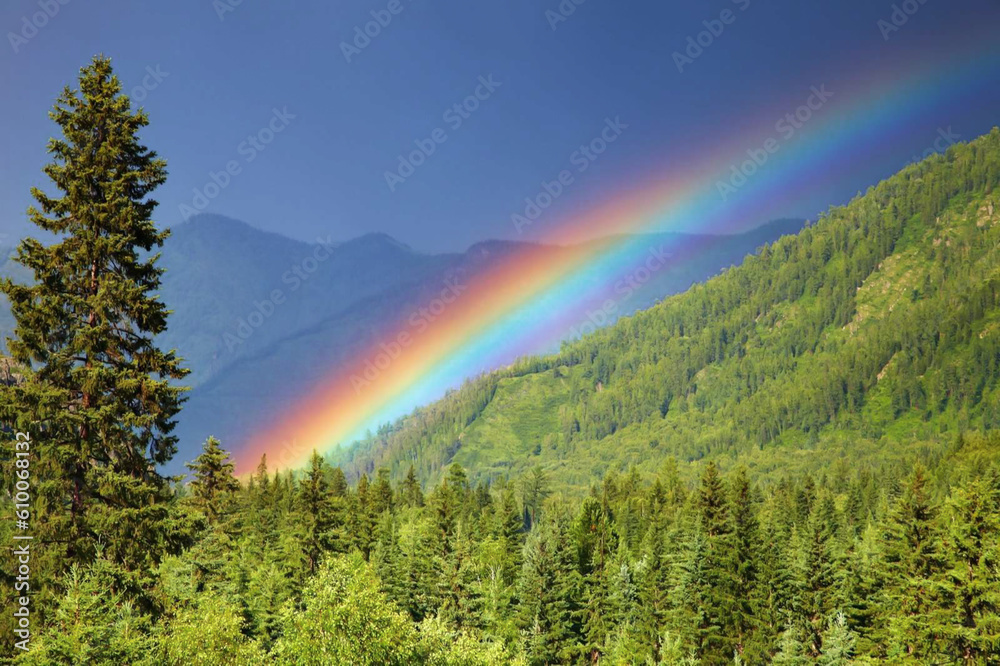 rainbow in the mountains above the trees rainbow in the mountains above the trees