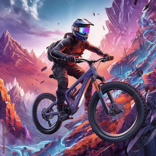 Young athletic man in helmet and protective gear riding downhill on mountainbike. AI generativ.
