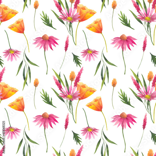 Fototapeta Naklejka Na Ścianę i Meble -  Floral seamless pattern with abstract wildflowers, plants and delicate branches, watercolor print isolated on white background for textile or wallpapers, illustration in provence style.