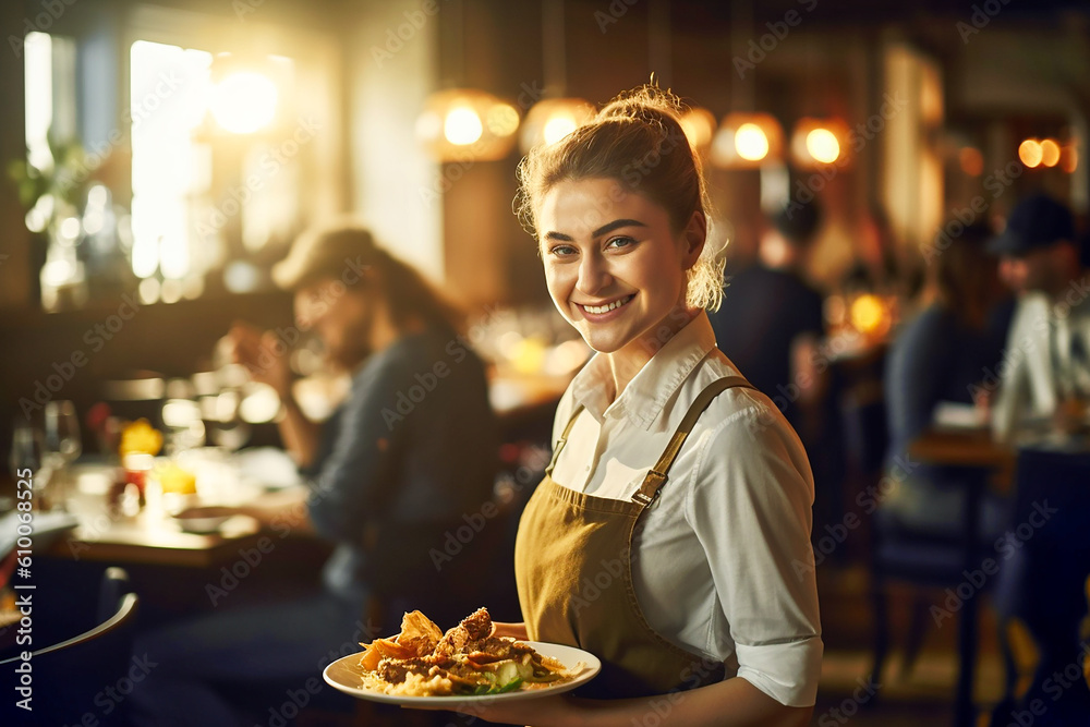 Nice and smiling waitress while working in a café. AI generativ. Nice and smiling waitress while working in a café. AI generativ.