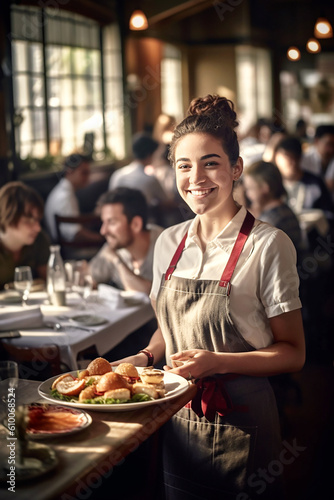 Nice and smiling waitress while working in a caf  . AI generativ.