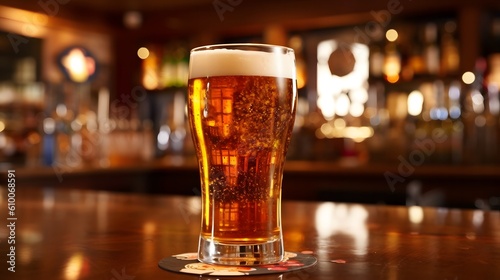 Glass of beer on a bar counter in a pub with blurred background