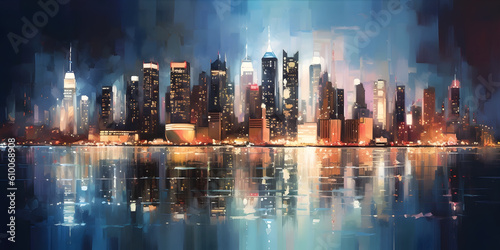 Cityscape at Night: A stunning view of a metropolitan skyline illuminated by city lights. Generative ai. © ckybe