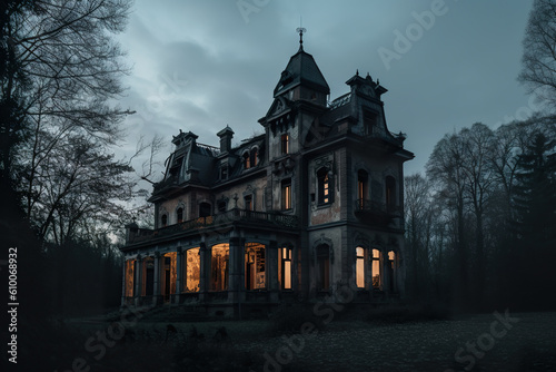 A creepy looking house lit up at night. AI generative. © Friedbert