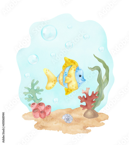 Cute hand-drawn cartoon sea fish. Watercolor illustration of sea life.