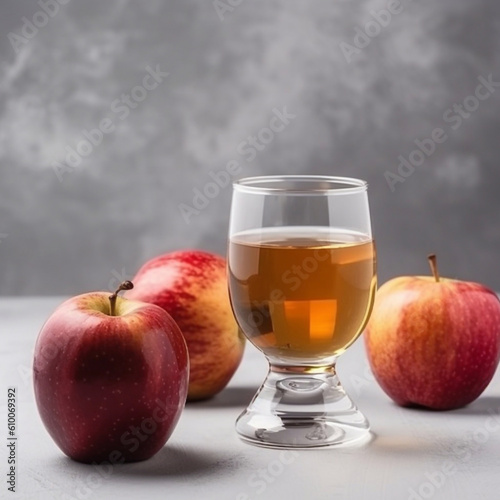 Glass of apple juice and red apples on gray