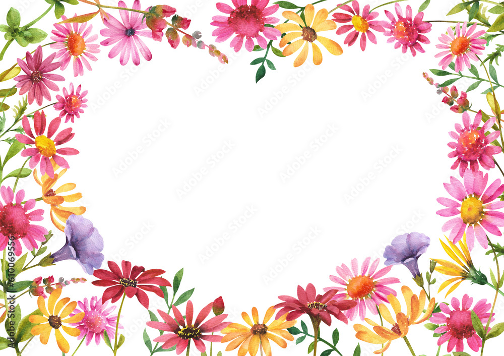 Watercolor frames from flowers. Chrysanthemum multi-colored heart-shaped frame on a white background