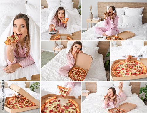 Collage with young woman ea...