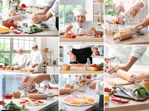 Collage with chefs cooking tasty pizzas