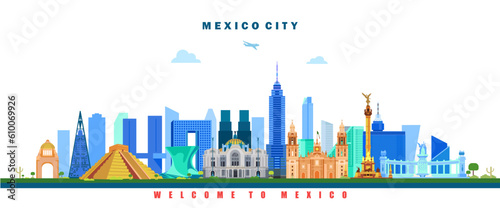 Mexico city landmarks on a white background vector illustration business travel and tourism concept with modern buildings.
