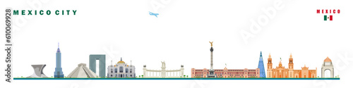 Mexico, Mexico City icon buildings, monument, city landmarks isolated vector illustration.	