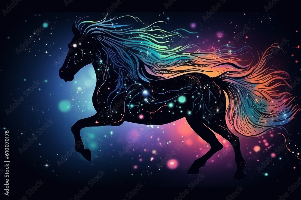 Abstract neon horse on black background, AI Generated
