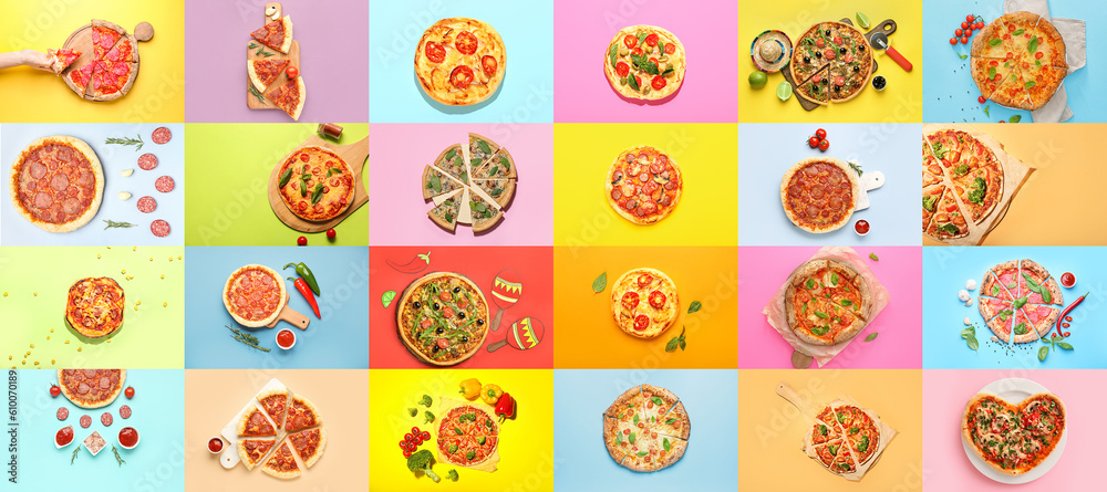 Collage with many different pizzas on color background, top view Collage with many different pizzas on color background, top view