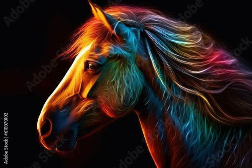 Abstract neon horse on black background, AI Generated