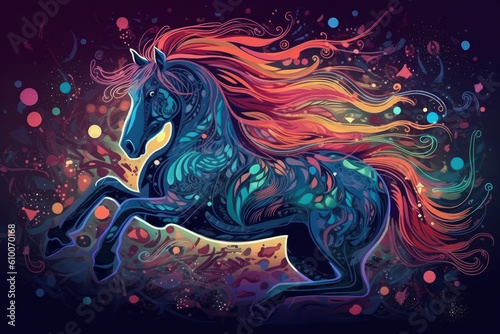 Abstract neon horse on black background  AI Generated