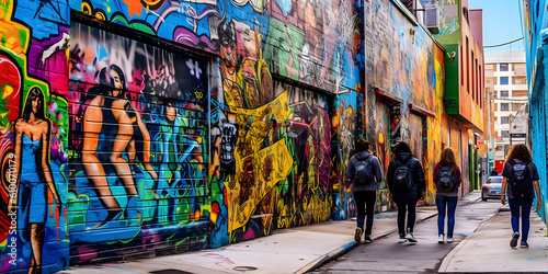Street Art Scene: A vibrant urban setting with colorful graffiti murals. Generative ai. © ckybe