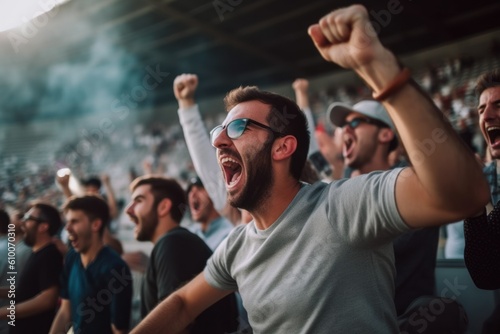 Fototapeta Naklejka Na Ścianę i Meble -  group of joyful fans at the stadium celebrating the victory of their team football sport concept generative ai