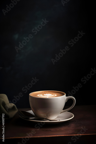 Cup of coffee on dark background with copy space. AI generated