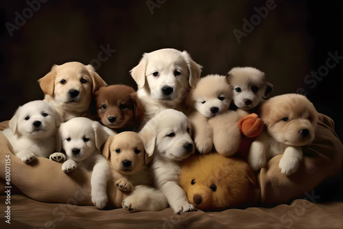 Furry Friends: A group of playful puppies cuddled up together. Generative ai. © ckybe