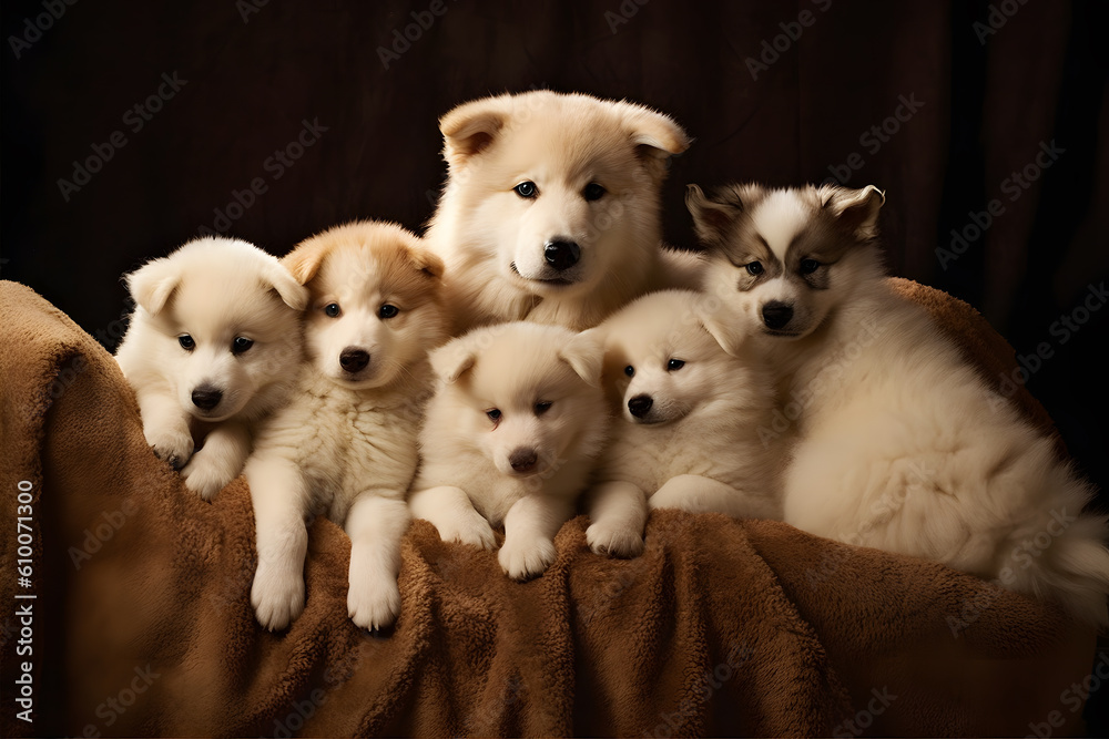 Furry Friends: A group of playful puppies cuddled up together. Generative ai.