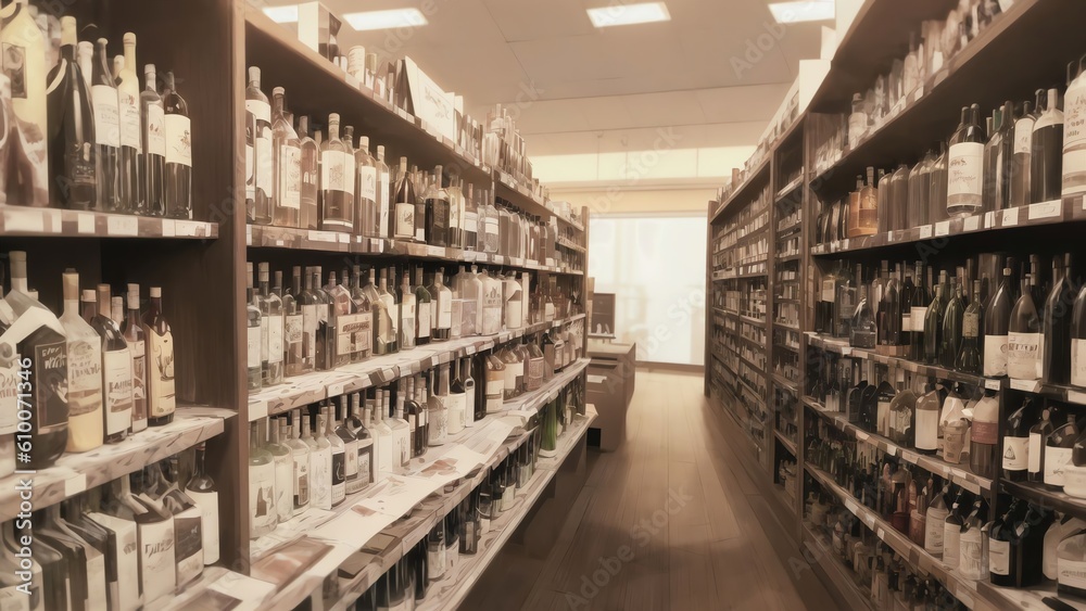 Blurred Wine Bottles On Liquor Shelves In Store Background. Generative AI