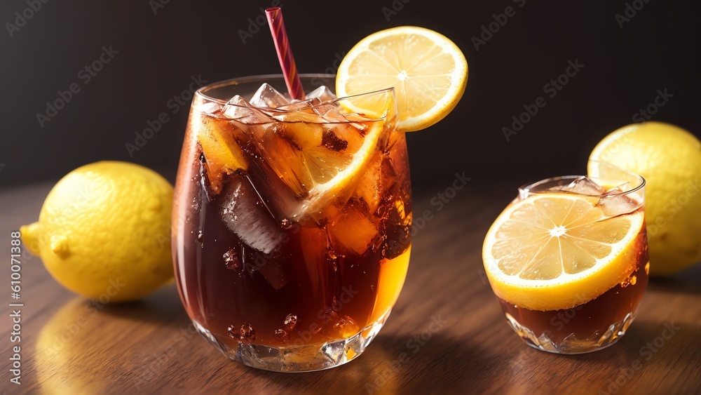 Complex Liit With 6 Spirits. Lemon. Cola. And Garnish. Generative AI Complex Liit With 6 Spirits. Lemon. Cola. And Garnish. Generative AI