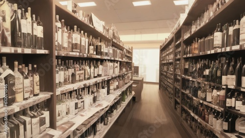 Blurred Wine Bottles On Liquor Shelves In Store Background. Generative AI