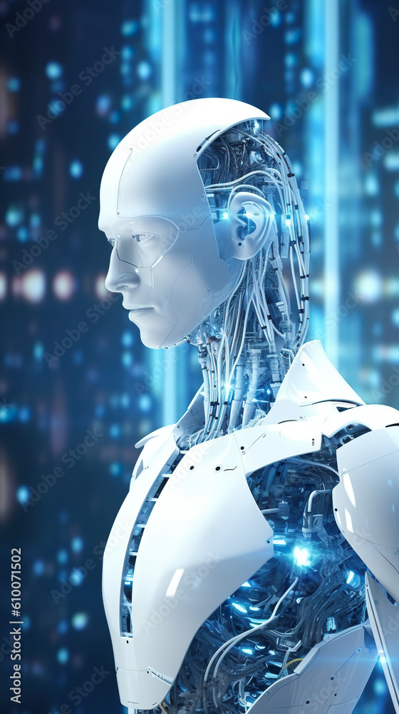 A white robot standing in front of a city at night. Generative AI. A white robot standing in front of a city at night. Generative AI.