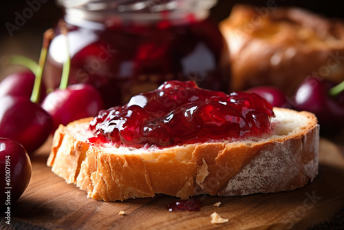 A piece of bread with jam and cherries on it. Generative AI.