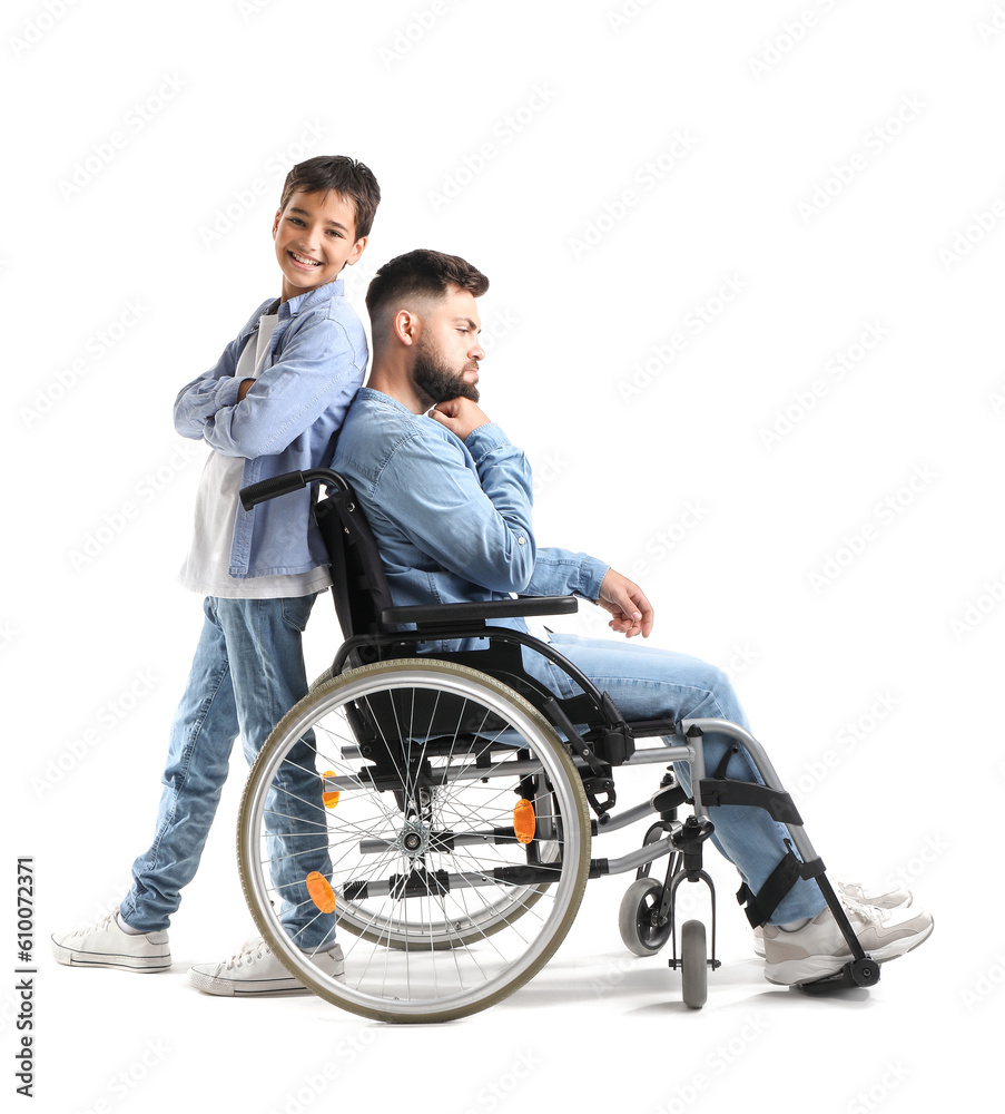 Little boy and his father in wheelchair on white background Little boy and his father in wheelchair on white background