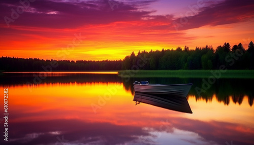 Vibrant sunset reflects tranquil beauty in nature over nautical vessel generated by AI