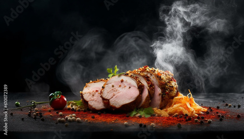 Grilled pork fillet, smoked and spiced, served with fresh vegetables generated by AI photo