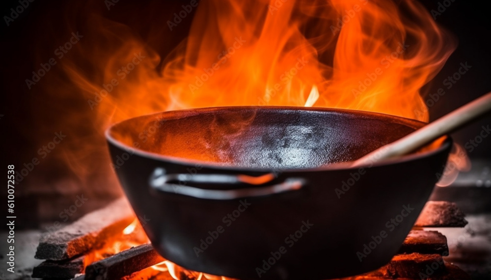 Grilled meat on cast iron grill, glowing with heat generated by AI Grilled meat on cast iron grill, glowing with heat generated by AI