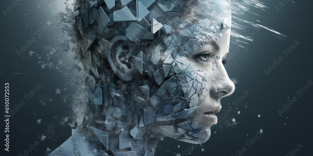 art of the mind, fragmented portraiture, silver and aquamarine, frostpunk, cracked, uhd image, shining technological design