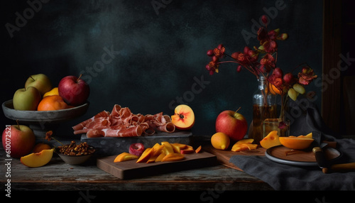 Rustic apple bowl on wooden table, autumn freshness for gourmet meal generated by AI