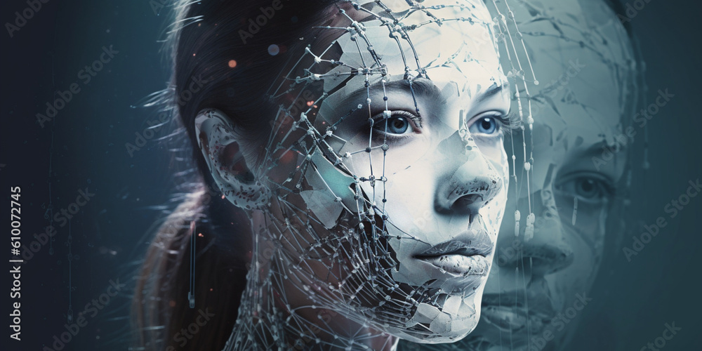 art of the mind, fragmented portraiture, silver and aquamarine, frostpunk, cracked, uhd image, shining technological design art of the mind, fragmented portraiture, silver and aquamarine, frostpunk, cracked, uhd image, shining technological design