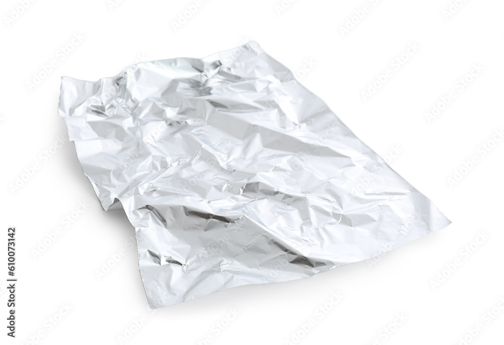 Crumpled sheet of aluminium foil on white background Crumpled sheet of aluminium foil on white background