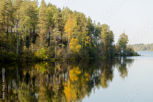 Autumn colorful foliage with lake reflection.Cloudy sky over autumn lake.forest river nature landscape