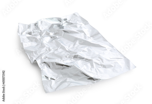 Crumpled sheet of aluminium foil on white background