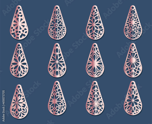 A collection of Earrings templates with geometric shapes. Isolated stencils pattern suitable for handmade work, laser cutting and printing.