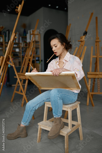 Attractive young woman artist holding canvas in hand drawing picture