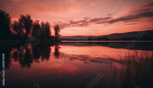 Tranquil scene of nature beauty in sunset reflection over water generated by AI © djvstock