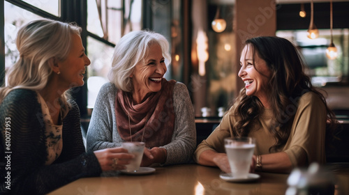 Mature women sitting in a cafe and talking. They are laughing and drinking coffee. Generative AI
